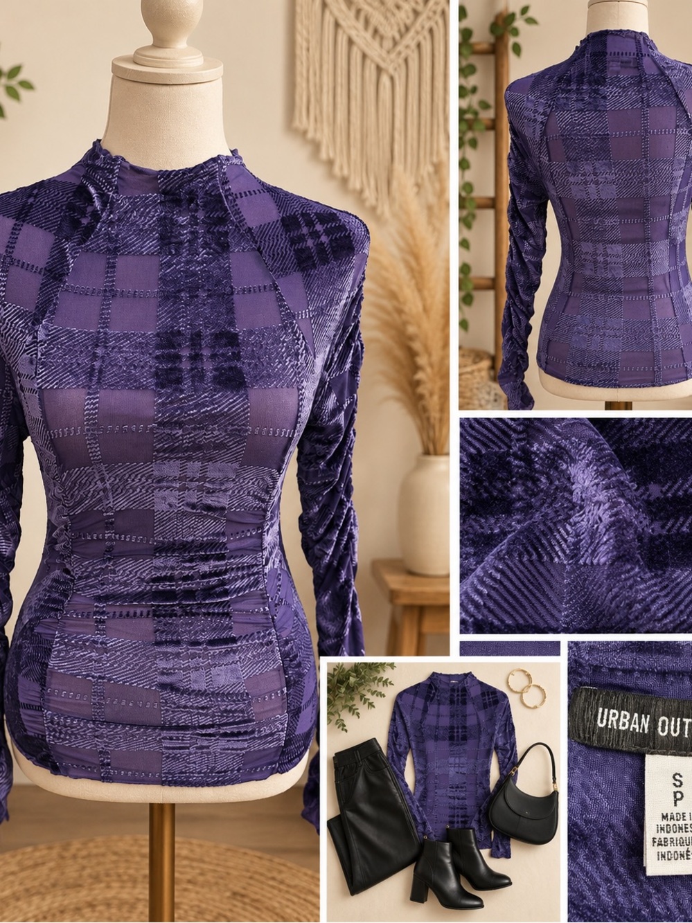 Urban Outfitters Purple Velvet Plaid Long Sleeve Top Size S